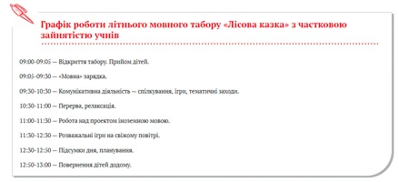 Графік роботи літнього мовного табору з частковою зайнятістю учнів Графік роботи літнього мовного табору з частковою зайнятістю учнів