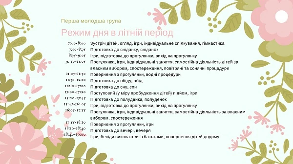 Режим дня першої молодшої групи в літній період