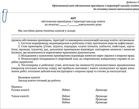 Готовність закладу освіти до нового навчального року: хто перевіряє та які документи оформлює Акт обстеження приміщень і території закладу освіти до початку навчального року